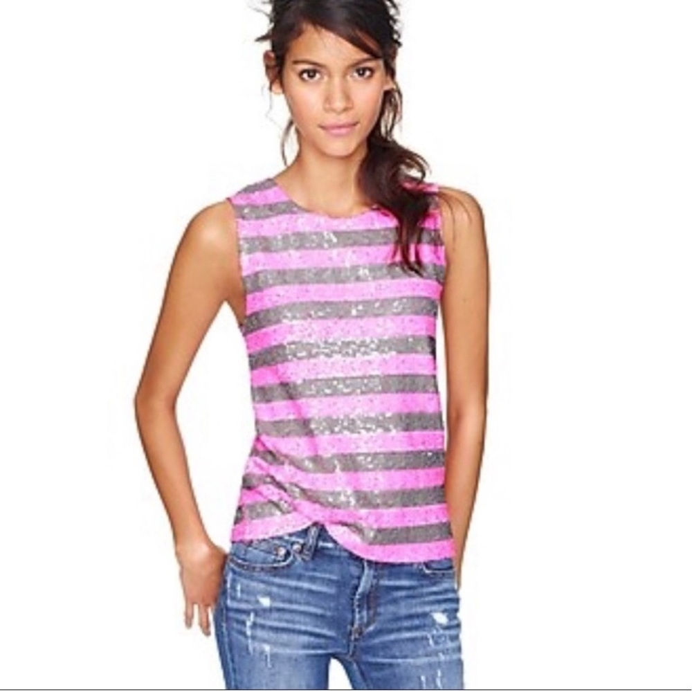 NWT J.Crew Pink & Gray Striped Sequin Tank Top LARGE